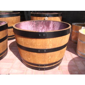 Blumenkübel Miniteich aus gebrauchter 115 Liter Weinfasshälfte, hell lasiert mit schwarzen Fassringen